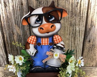 Farmhouse Cow decoration, Tiered tray cow decor, Cow shelf sitter, Cow with big glasses, Wooden Cow, highland cow, Vintage milk can, cowgirl