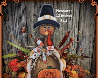 Thanksgiving decoration, Turkey and pumpkin, Autumn floral arrangement for table, shelf, Fall mantle decor Tiered tray, cute wooden Turkey