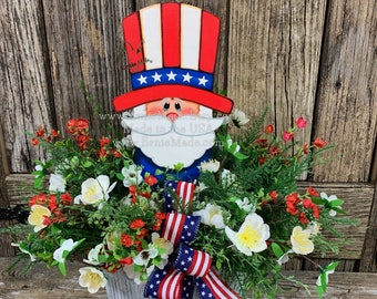 Patriotic floral arrangement, Summer Centerpiece, wooden Uncle Sam Decoration, Fourth of July Table decor, Red white and blue arrangement