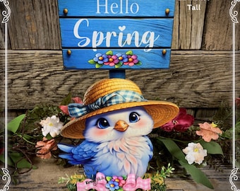 Spring Decoration, Easter blue bird decoration, Tiered tray decor, wooden blue bird with hello spring sign, cute Easter floral and blue bird