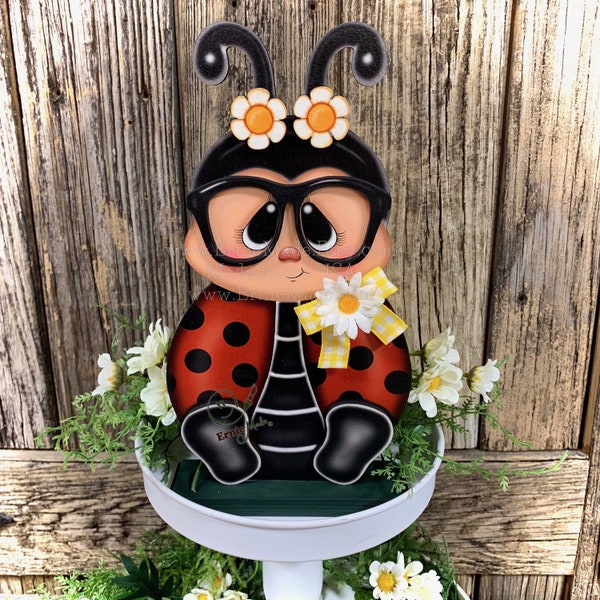 Ladybug decoration, Farmhouse summer decor, Tiered tray decor, wood ladybug sign, Summer ladybug shelf sitter, ladybug with big glasses, bee