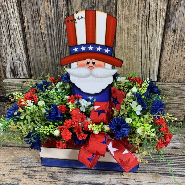 Patriotic floral arrangement, Summer Centerpiece, wooden Uncle Sam Decoration, Fourth of July Table decor, Red white and blue arrangement