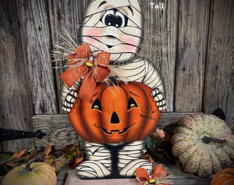Halloween decoration, Mummy, Jack-o-lantern, pumpkin porch decor, Mummy shelf sitter, Halloween, Candy corn decor, Farmhouse fall decor,