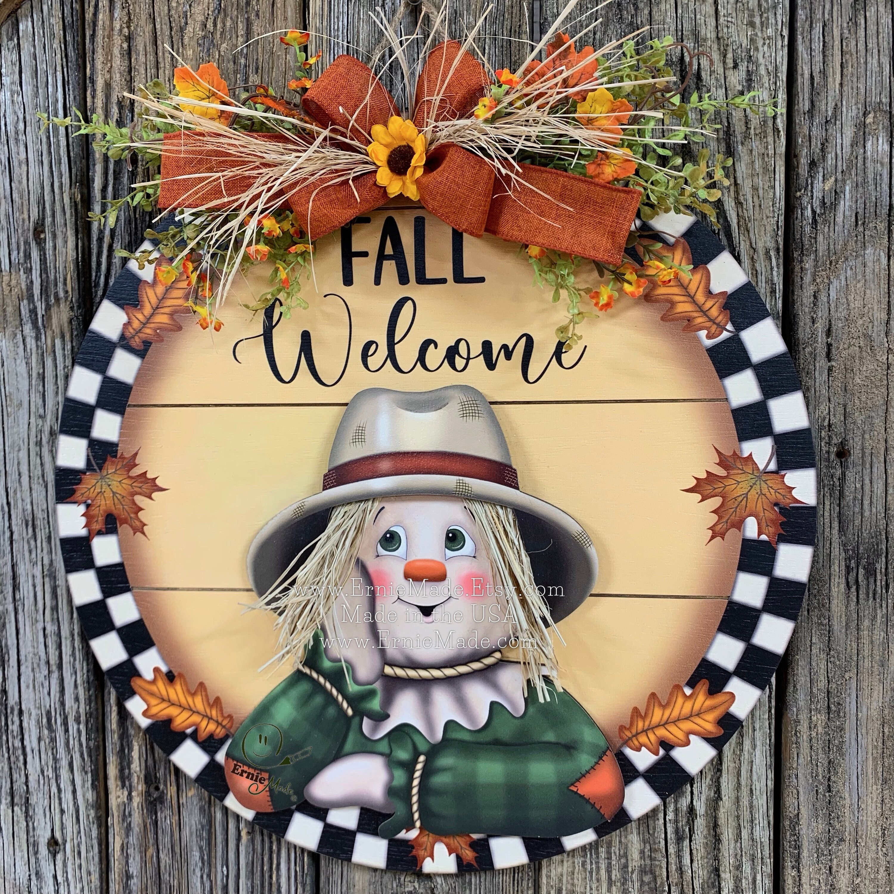 Fall decoration, Autumn leaves, fall door hanger, Thanksgiving decor, Farmhouse scarecrow with hat, Fall porch door sign, Scarecrow wreath