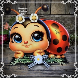 May include: A whimsical ladybug decoration, 9 inches tall, with a smiling face, large blue eyes, and a red and black spotted shell. It features a black and white checkered bow and daisy accents, perfect for spring or garden decor.