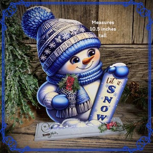 Snowman decoration, Shelf sitter Snowman, Blue and Silver Christmas decor, Winter tiered tray decor, let it snow sign, Wooden Snowman decor