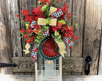 Summer Lantern bow, Watermelon Decoration, Summer Bow for lantern, Summer lantern swag, Summer Lantern topper with wooden Watermelon sign