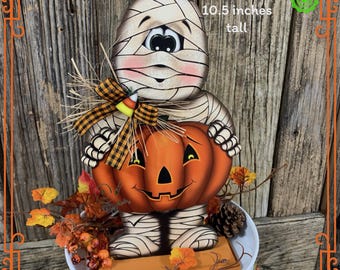 Halloween decoration, Mummy, Jack-o-lantern, pumpkin tier tray decor, Mummy shelf sitter, Halloween, Candy corn decor, Farmhouse fall decor,