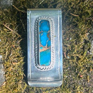 Money Clip in 925 Sterling Silver & Mojave Turquoise. Handmade  with textured finish.