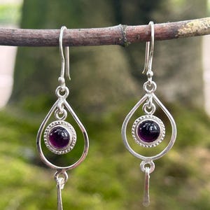 Amethyst Dangle Earrings with 925 sterling silver. Boho style artisan-made earrings.
