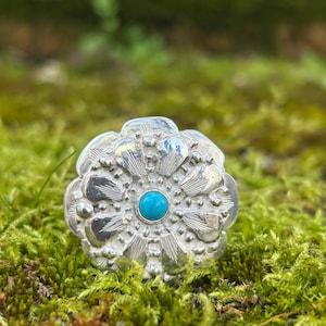 Western Concha/Concho style Wild Rag/Scarf Slide. Handcrafted in sterling silver (925) and genuine turquoise.