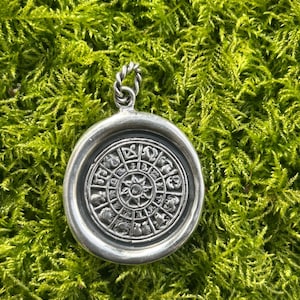 Large Zodiac Wheel Wax Seal Pendant. Solid Sterling Silver (925).