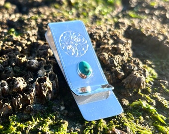 Silver Money Clip. Handmade with turquoise stone and engraving.