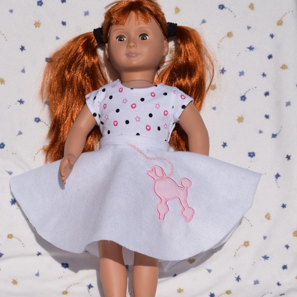 Cute 50's style poodle skirt and t-shirt in pink flower and black polka dot print fits 18 inch dolls.  Would make cute Halloween costume.