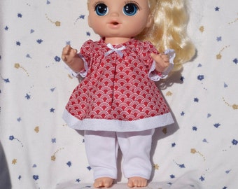 Pretty red and white dress in a geometric print trimmed with white lace and white leggings, fits 13 inch baby dolls