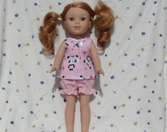 Cute pink flannel pajamas in a panda bear print, fits 14.5 inch dolls.  This doll has a 6 inch waist