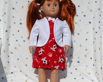 May include: A red and white dress with a white cardigan and a bow tie. The dress has a pattern of paw prints and dogs with the text "I woof you" and "I groom you".