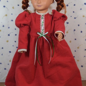 Cute red flannel night gown trimmed in lace and ribbons fits 18 inch dolls