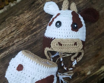 Cow hat, Baby cow photo prop, crochet cow, diaper cover set, calf hat, country hat, newborn crochet hat