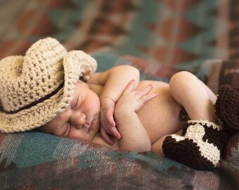 Crochet Cowboy Hat, cowboy boots, newborn boots, cowboy set, Cowboy Hat, Western Hat,  Newborn photo prop set, newborn cowboy hat