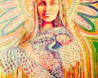 Bringer Of the Dawn white owl medicine custom  painted up-cycled wood print