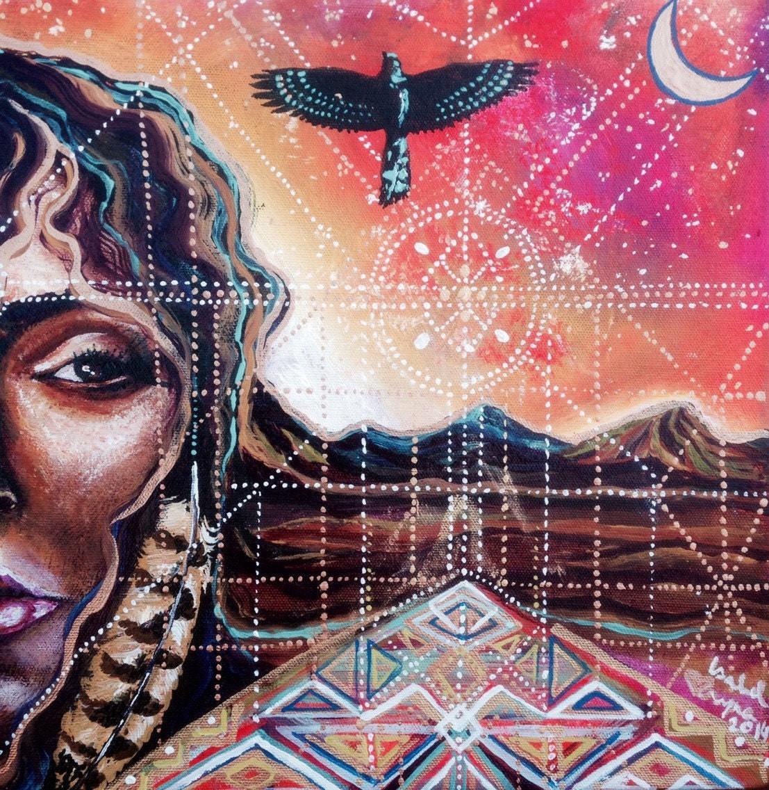 Owl Feather Condor Moon pyramid Goddess visionary art by Isabel Bryna