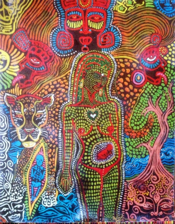 Hand Painted Original Wood Print Jaguar Tree of Life Seed