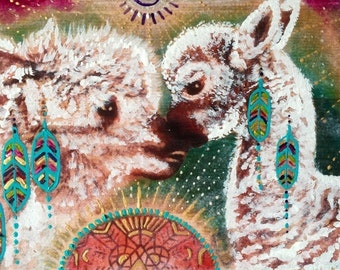 Large size Hand Transferred Hand painted over wood print original rainbow mama and baby llama alpaca spirit visionary art