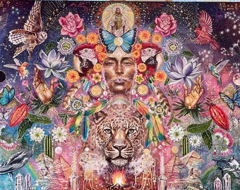 アヤワスカによる幻想的な芸術の絵画、幻覚、蛇、シャーマン、カンボ