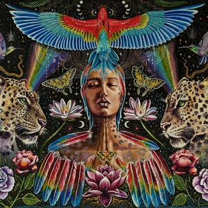 May include: A vibrant, detailed painting featuring a central figure with closed eyes, hands in prayer, and adorned with colorful feathers. Two leopards flank the figure, with butterflies, hummingbirds, and a rainbow arching above. The artwork is rich with floral and celestial elements.