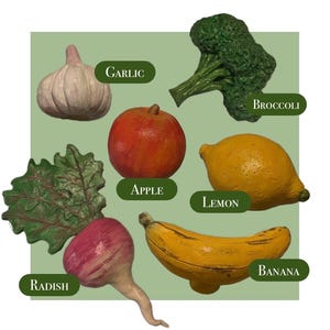 May include: A collection of handcrafted, painted vegetable and fruit sculptures. The image includes a garlic bulb, a red apple, a head of broccoli, a yellow lemon, a banana, and a radish. Each item has a label with its name.