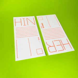 HIN & HER, pocztówka, 2 szt., 99 x 210 mm, sitodruk, jasny pomarańcz