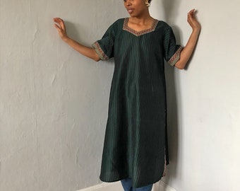 Vintage 1970s Green Striped Tunic Dress