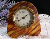 Art Deco Bakelite Marbled Amber And Brown Mini Alarm Clock, Working Desk Clock, Clock Repair Hobbyists, Vintage 1940s