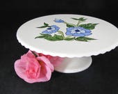 Vintage White Cake Pedestal Stand Blue, Pansies Blossoms, Artist Signed, Easter Brunch Stand, Table Centerpiece, Bridal Shower Gift For Her