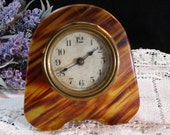 Art Deco Bakelite Marbled Amber And Brown Mini Alarm Clock, Working Desk Clock, Clock Repair Hobbyists, Vintage 1940s