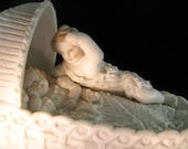 Extremely Rare Piece, Two Babies In Hooded Cradle Statuette, Antique Bennington Parian 1847 - 1858