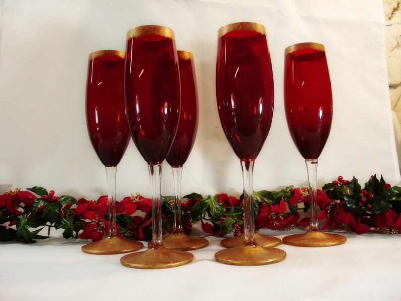 Red Champagne Flutes Gilded Along Rim and Foot Festive Etsy
