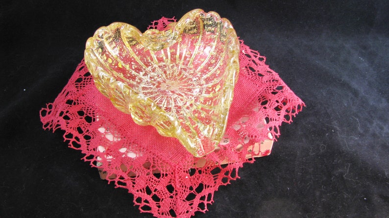 Murano Italian Art Glass Heart Dish Valentine Gift For Her Vintage 1960s Amber Gold Sculptured Footed Candy Heart Dish