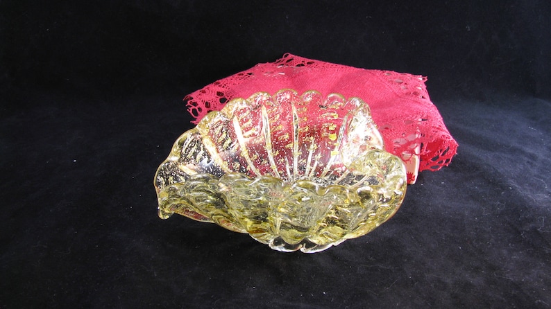 Murano Italian Art Glass Heart Dish Valentine Gift For Her Vintage 1960s Amber Gold Sculptured Footed Candy Heart Dish