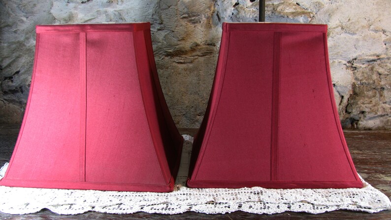 Vintage Tapered Square Bell Lamp Shades Crimson Red Silk Fabric Set 2 1980s