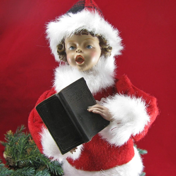 RESERVED Christmas Caroler Singing Ceramic Figurine, Adorable Facial Features, Handmade Clothes, Vintage 1980s, Christmas Decor