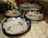 Cottage Berry Bowl Set,  Cobalt Blue Hand Painted Pink Roses Accented With Gold, Vintage 1940s Nippon Porcelain, 7pc Set Gift For Her