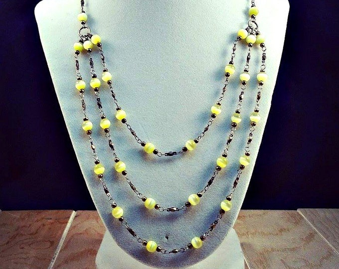 Yellow Cats Eye Triple Stranded Necklace-cats Eye - Etsy