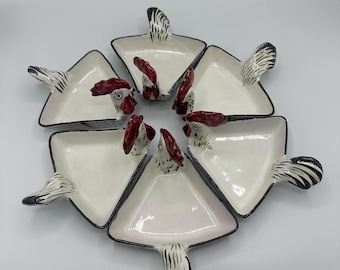 Rooster Bitossi Italian Pottery Crudite Relish/Nut Dish 6pc Set  MCM