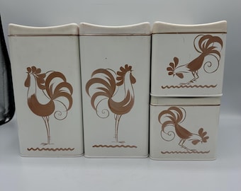 Vtg 1950s Ransburg ROOSTER White &Copper Canister Set MCM Tin Metal Cottage Core