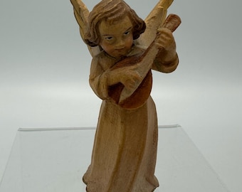 Vtg  3” Hand Carved/Painted Wood Angel Figurine W/Mandolin Depose Italy