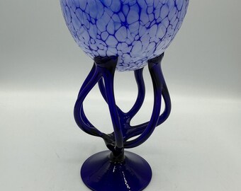 Jozefina Krosno Art Glass Jellyfish Pedestal Bowl 8” Cobalt Blue Poland