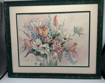 Vintage Framed Needlepoint Floral Bouquet Art, Pastel Tulips, Cottagecore Decor