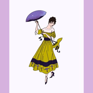 May include: A woman in a yellow dress with a black and purple trim, holding a purple and blue umbrella and a straw hat. The dress is decorated with mushroom illustrations.